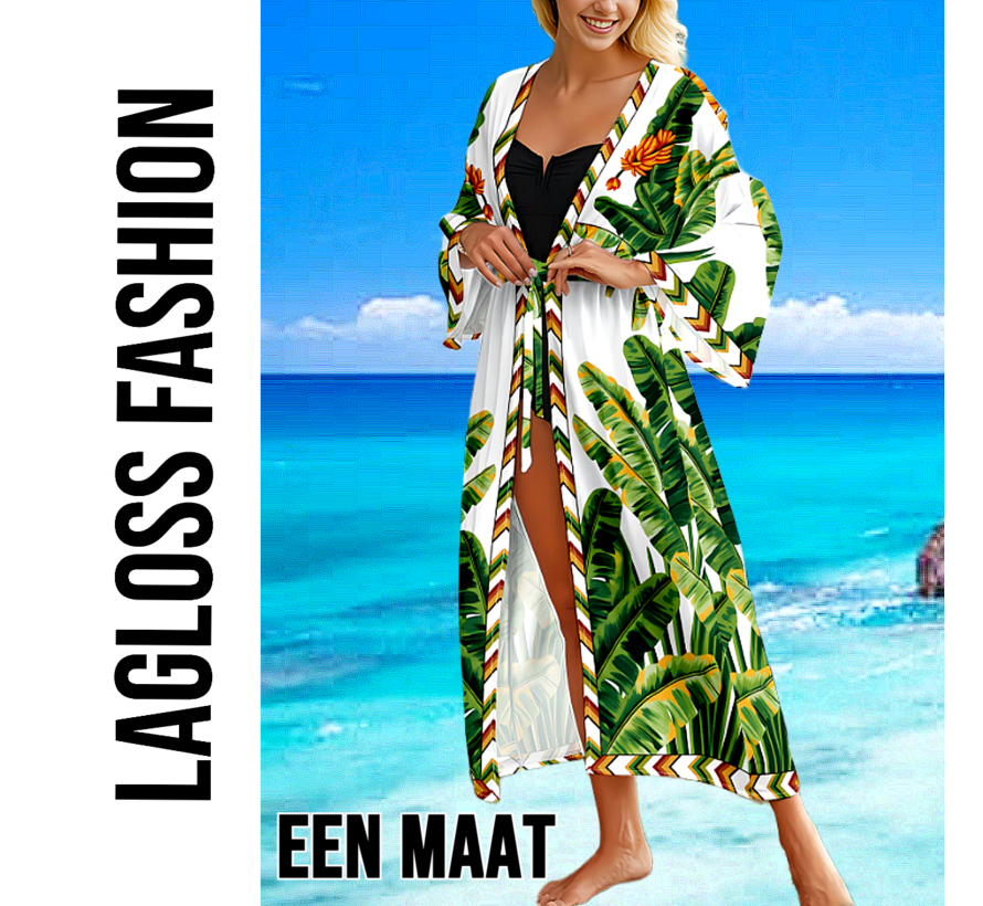 LaGloss® Luxe Bohemian Lange Strand Kimono Dames met Tropische Bladprint – Cover Up – Wit – Zomermode – Beach Fashion – Zomer/Lente – Één Maat – One Size