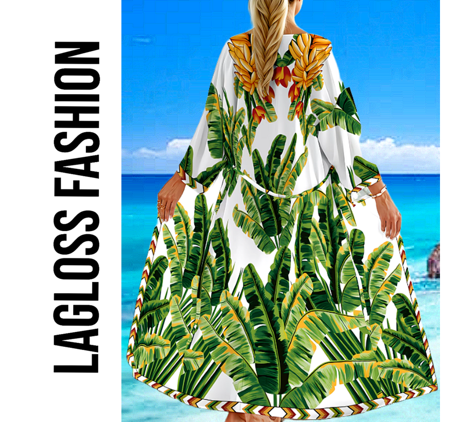 LaGloss® Luxe Bohemian Lange Strand Kimono Dames met Tropische Bladprint – Cover Up – Wit – Zomermode – Beach Fashion – Zomer/Lente – Één Maat – One Size
