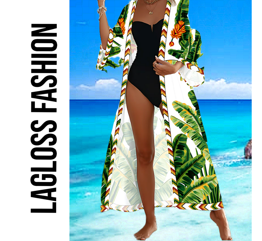LaGloss® Luxe Bohemian Lange Strand Kimono Dames met Tropische Bladprint – Cover Up – Wit – Zomermode – Beach Fashion – Zomer/Lente – Één Maat – One Size