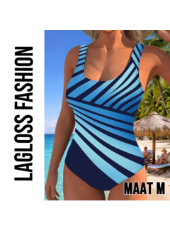 LaGloss Dames Sportief Corrigerend Badpak met Blauw Gestreepte Patroon – Maat M