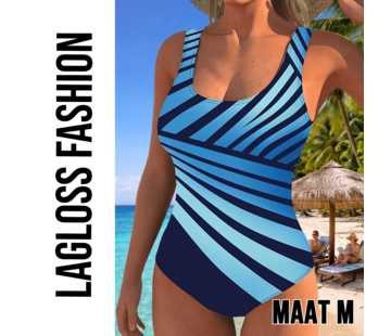 LaGloss Dames Sportief Corrigerend Badpak met Blauw Gestreepte Patroon – Maat M
