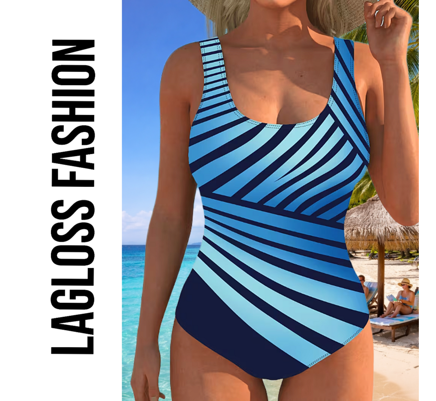LaGloss® Dames Sportief Corrigerend Badpak met Blauw Gestreepte Patroon – Gewatteerde Cup – Zomermode- Beachfashion – Afslankend effect – Maat L
