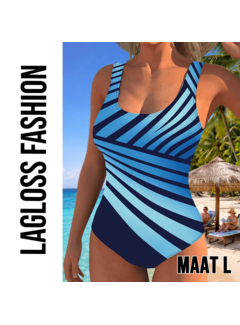 LaGloss Dames Sportief Corrigerend Badpak met Blauw Gestreepte Patroon – Maat L