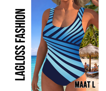 LaGloss Dames Sportief Corrigerend Badpak met Blauw Gestreepte Patroon – Maat L