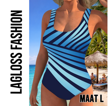 LaGloss Dames Sportief Corrigerend Badpak met Blauw Gestreepte Patroon – Maat L