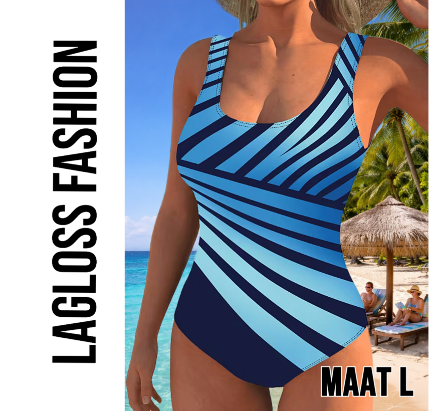LaGloss® Dames Sportief Corrigerend Badpak met Blauw Gestreepte Patroon – Gewatteerde Cup – Zomermode- Beachfashion – Afslankend effect – Maat L