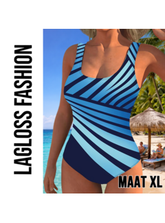 LaGloss Dames Sportief Corrigerend Badpak met Blauw Gestreepte Patroon – Maat XL