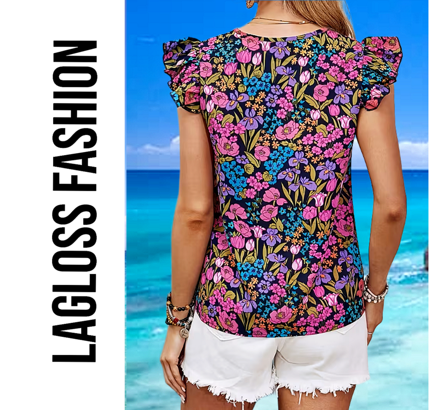 LaGloss® Elegante Dames Gebloemde Blouse met Bloemenprint en V-Hals – Zomertop – Lente/Zomer – Comfortabel – Maat S