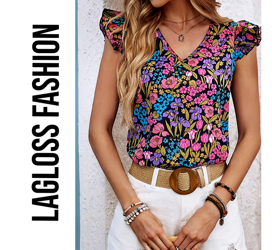 LaGloss® Elegante Dames Gebloemde Blouse met Bloemenprint en V-Hals – Zomertop – Lente/Zomer – Comfortabel – Maat L