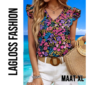 LaGloss Elegante Dames Gebloemde Blouse met Bloemenprint en V-Hals – Maat XL