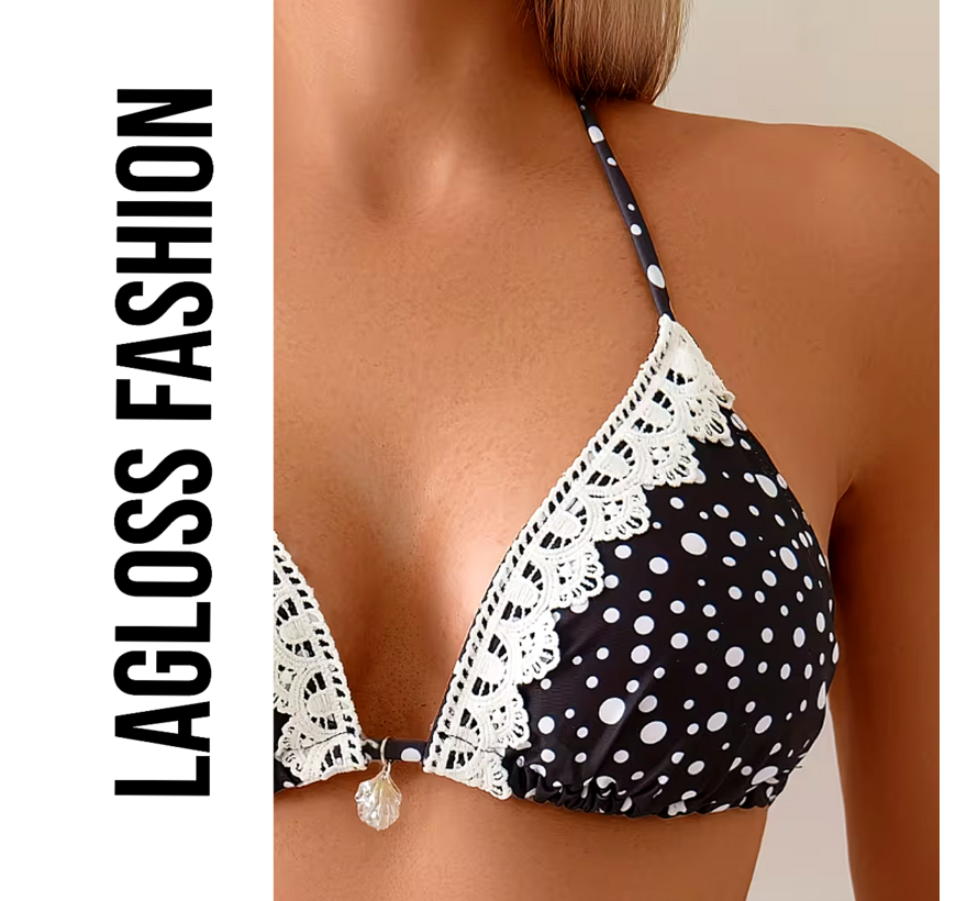 LaGloss® 2-delig Dames Bikini Set Retro Polka Dot – Zwart Wit – Kant – Halter Bikini – Beach Fashion – Strandmode – Maat M