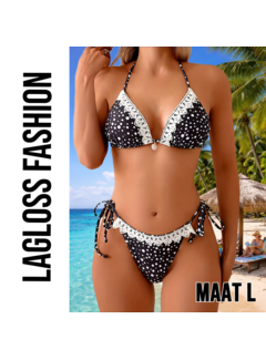 LaGloss 2-delig Dames Bikini Set Retro Polka Dot – Zwart Wit Kant – Maat L