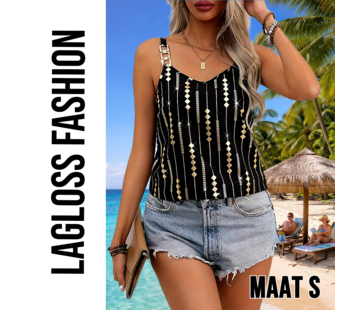LaGloss Zwart Gouden Tanktop met Geometrische Print en Goud Metalen Kettingbandjes – Maat S