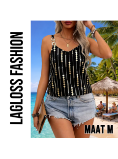 LaGloss Zwart Gouden Tanktop met Geometrische Print en Goud Metalen Kettingbandjes – Maat M