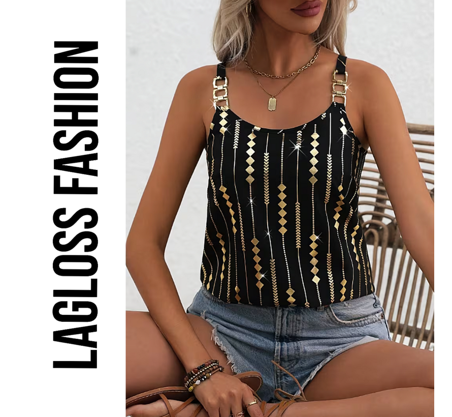 LaGloss® Luxe Zwart Gouden Tanktop Blouse met Geometrische Print en Goud Metalen Kettingbandjes – Lente/Zomer/Herfst – Casual – Maat L