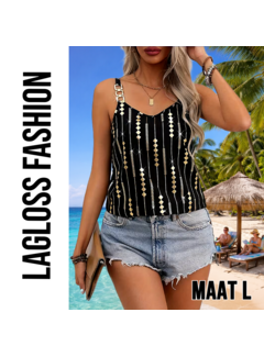 LaGloss Zwart Gouden Tanktop met Geometrische Print en Goud Metalen Kettingbandjes – Maat L