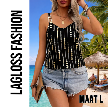 LaGloss Zwart Gouden Tanktop met Geometrische Print en Goud Metalen Kettingbandjes – Maat L