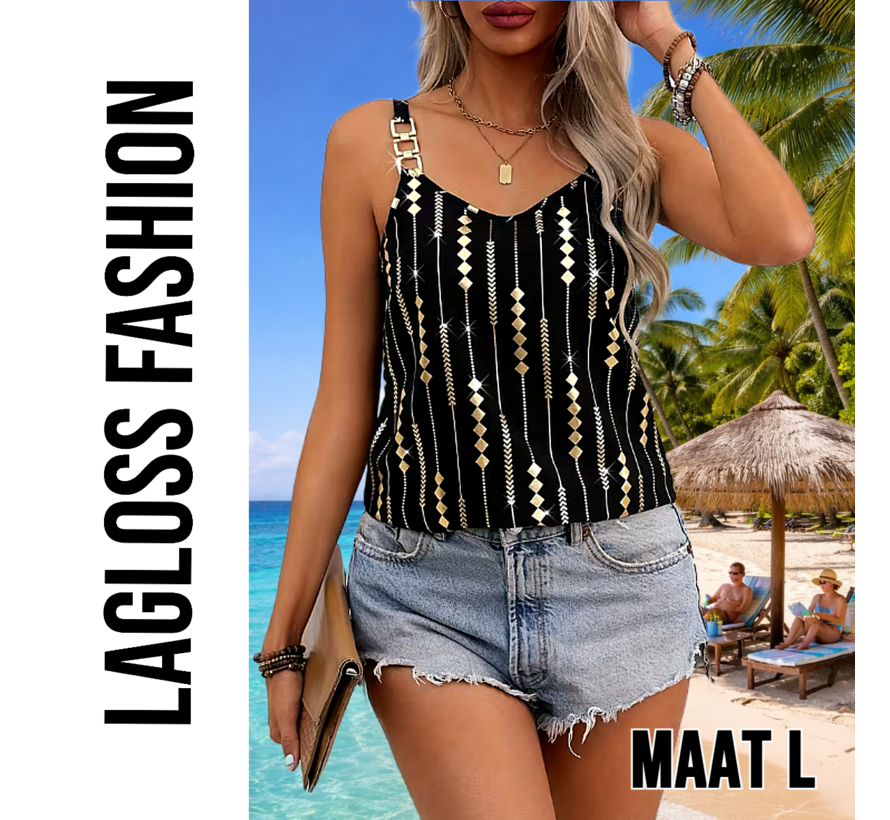 LaGloss® Luxe Zwart Gouden Tanktop Blouse met Geometrische Print en Goud Metalen Kettingbandjes – Lente/Zomer/Herfst – Casual – Maat L