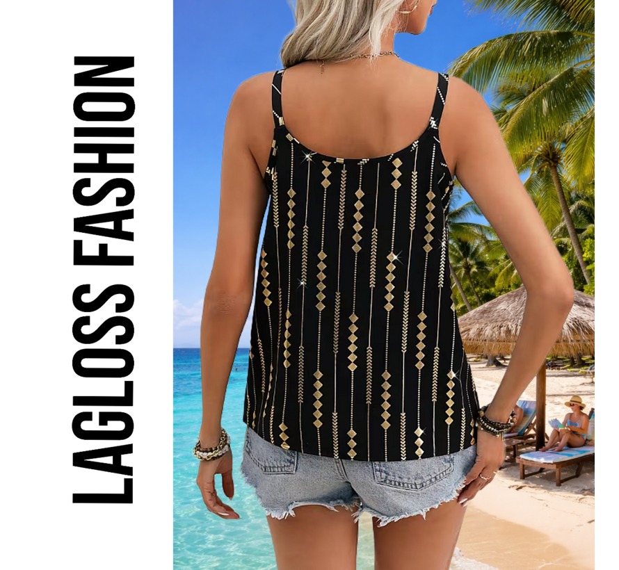 LaGloss® Luxe Zwart Gouden Tanktop Blouse met Geometrische Print en Goud Metalen Kettingbandjes – Lente/Zomer/Herfst – Casual – Maat XL