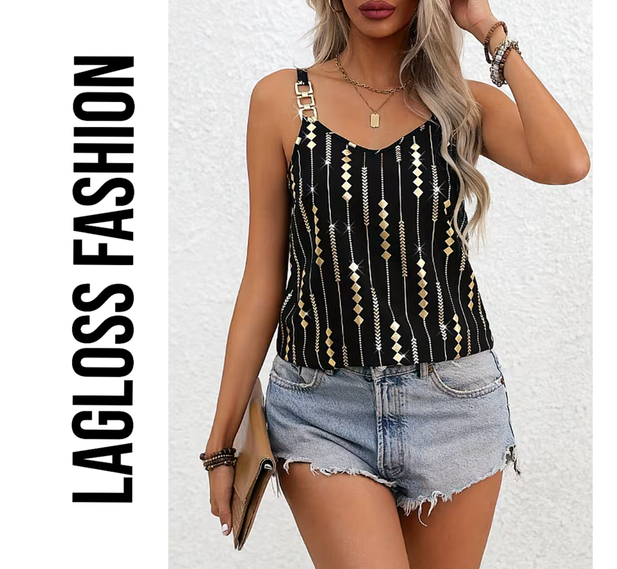 LaGloss® Luxe Zwart Gouden Tanktop Blouse met Geometrische Print en Goud Metalen Kettingbandjes – Lente/Zomer/Herfst – Casual – Maat XXL