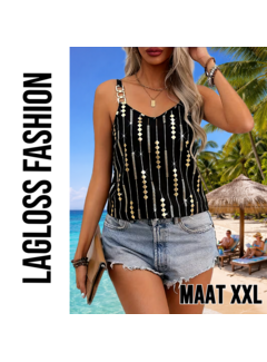 LaGloss Zwart Gouden Tanktop met Geometrische Print en Goud Metalen Kettingbandjes – Maat XXL
