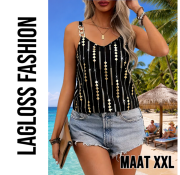 LaGloss Zwart Gouden Tanktop met Geometrische Print en Goud Metalen Kettingbandjes – Maat XXL