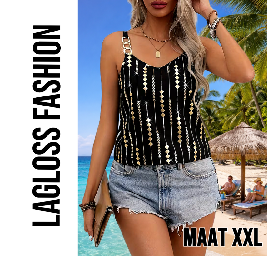 LaGloss® Luxe Zwart Gouden Tanktop Blouse met Geometrische Print en Goud Metalen Kettingbandjes – Lente/Zomer/Herfst – Casual – Maat XXL