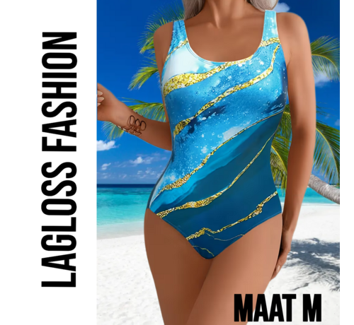 LaGloss LaGloss® Licht Blauw Gouden Badpak – Elegant Damesbadpak met Abstracte Print & Buikcontrole – Maat M