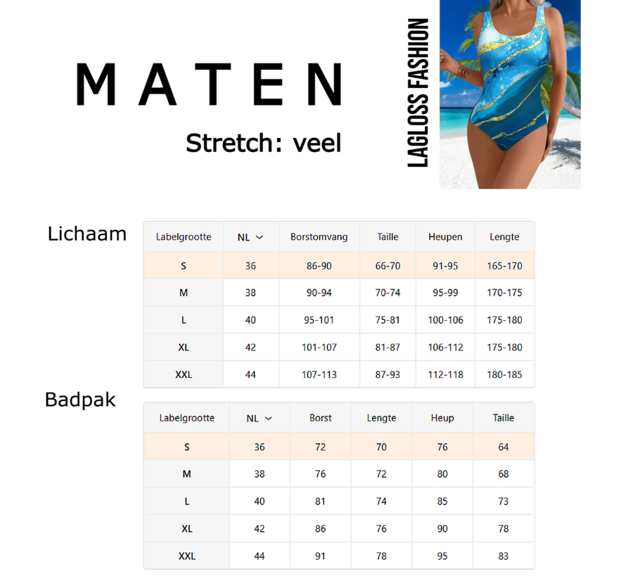LaGloss® Licht Blauw Gouden Badpak – Elegant Damesbadpak met Abstracte Print & Buikcontrole – Maat M