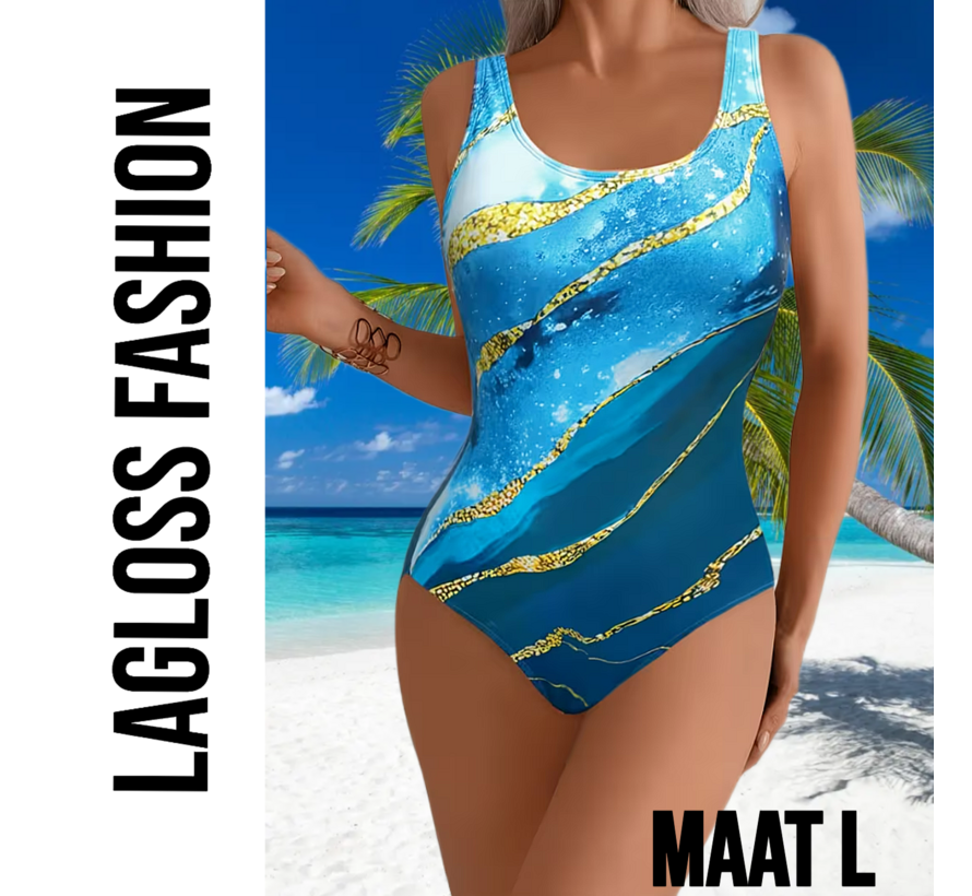 LaGloss® Licht Blauw Gouden Badpak – Elegant Damesbadpak met Abstracte Print & Buikcontrole – Maat L