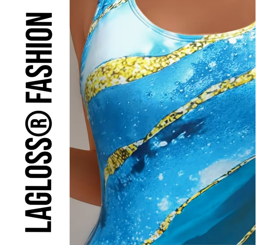 LaGloss® Licht Blauw Gouden Badpak – Elegant Damesbadpak met Abstracte Print & Buikcontrole – Maat XL