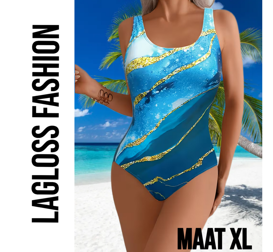 LaGloss® Licht Blauw Gouden Badpak – Elegant Damesbadpak met Abstracte Print & Buikcontrole – Maat XL