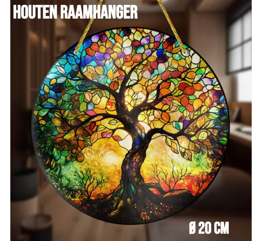 Allernieuwste.nl® Houten Raamhanger Raamdecoratie Oude Levensboom 2 - Kleurige Hangende Zonnevanger Rond Hout – Suncatcher Rond model 20 cm