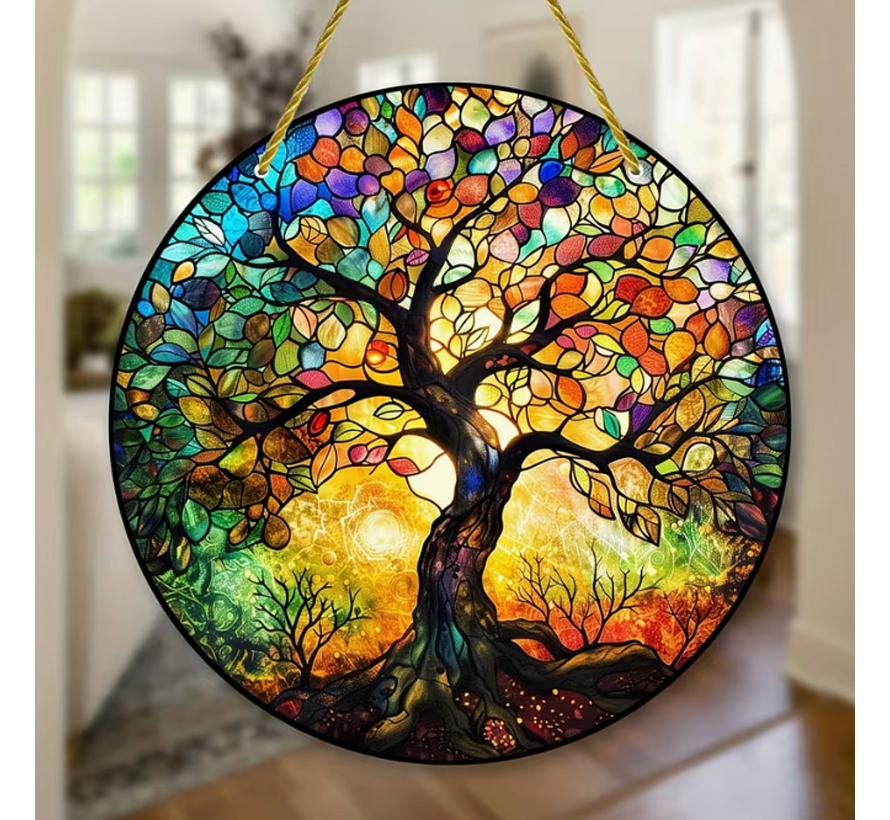 Allernieuwste.nl® Houten Raamhanger Raamdecoratie Oude Levensboom 2 - Kleurige Hangende Zonnevanger Rond Hout – Suncatcher Rond model 20 cm