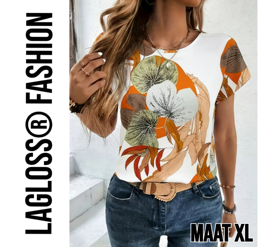 LaGloss® Dames Shirt met Botanische Bloemenprint Korte Mouw Top – Zomers – Elegant – Ronde Hals Top – Maat XL