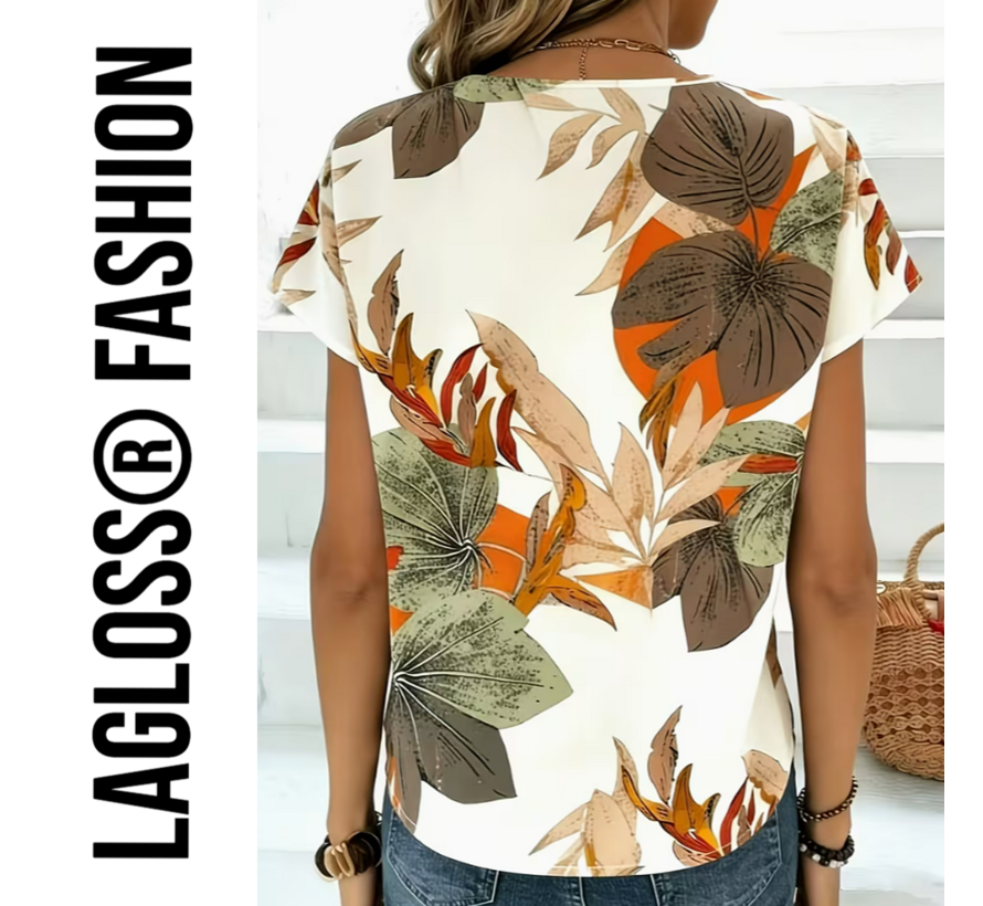 LaGloss® Dames Shirt met Botanische Bloemenprint Korte Mouw Top – Zomers – Elegant – Ronde Hals Top – Maat XL