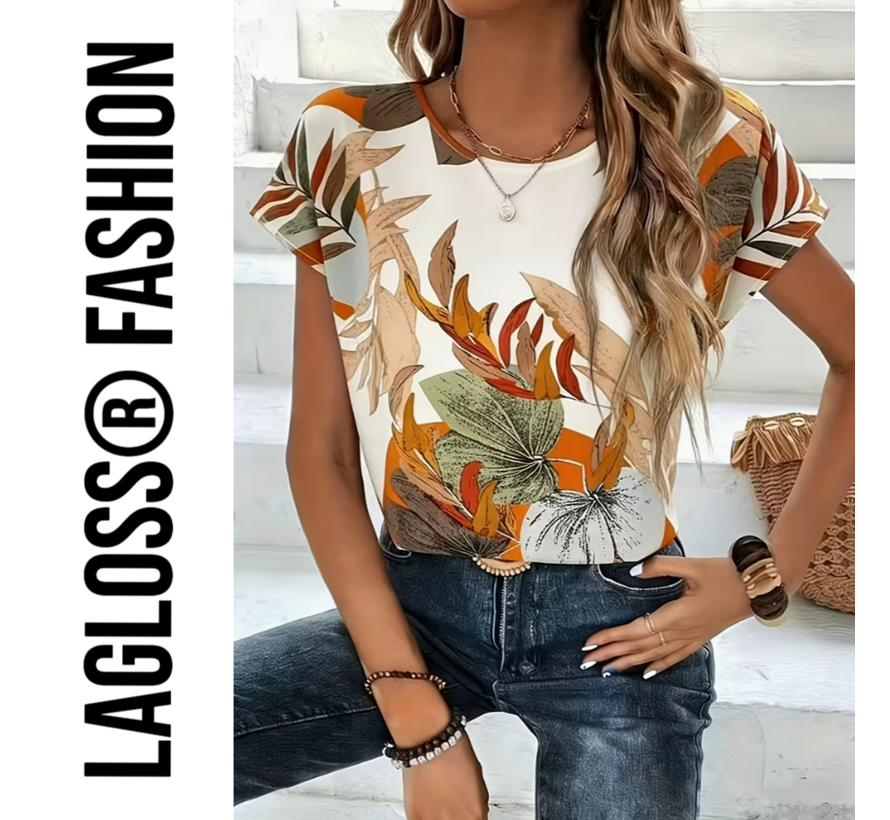 LaGloss® Dames Shirt met Botanische Bloemenprint Korte Mouw Top – Zomers – Elegant – Ronde Hals Top – Maat XL
