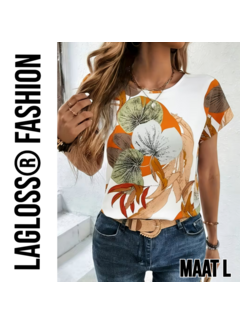 LaGloss Dames Shirt met Botanische Bloemenprint Korte Mouw – Maat L