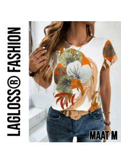 LaGloss Dames Shirt met Botanische Bloemenprint Korte Mouw – Maat M