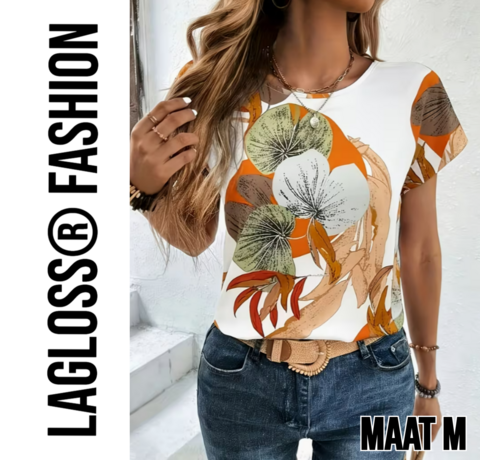 LaGloss LaGloss® Dames Shirt met Botanische Bloemenprint Korte Mouw Top – Zomers – Elegant – Ronde Hals Top – Maat M