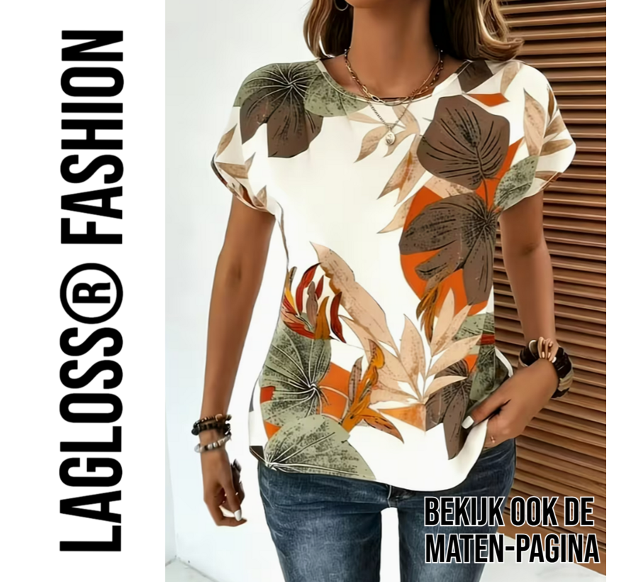 LaGloss® Dames Shirt met Botanische Bloemenprint Korte Mouw Top – Zomers – Elegant – Ronde Hals Top – Maat M