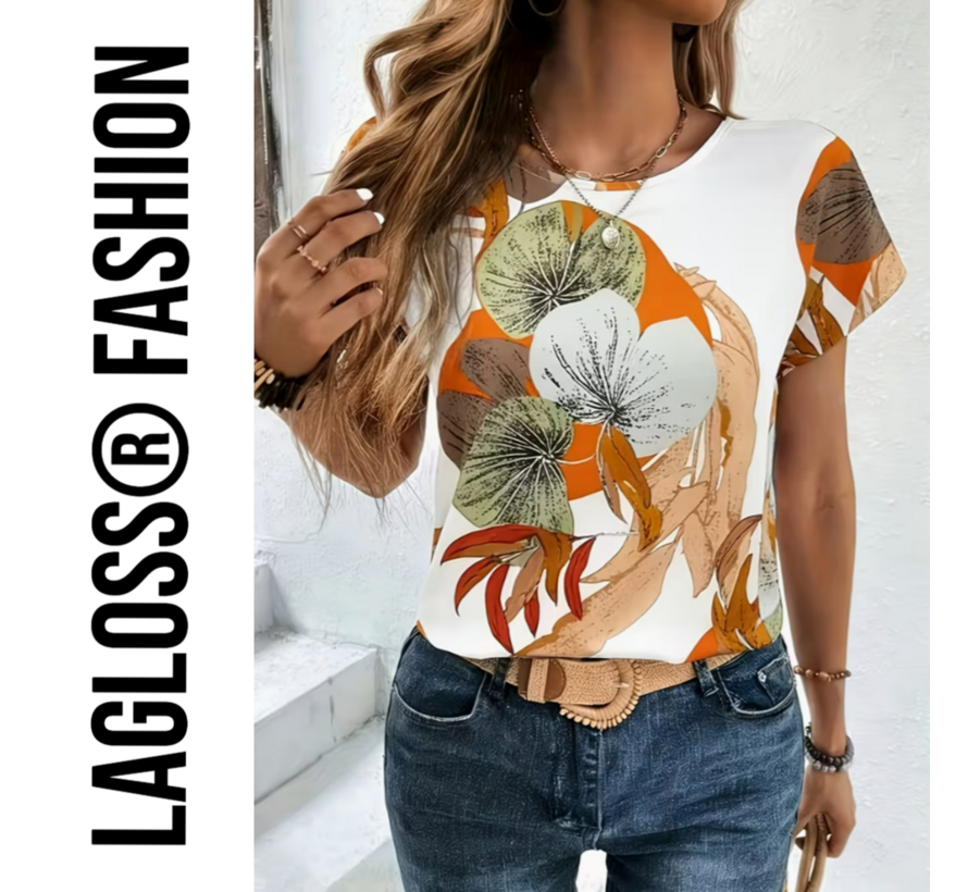 LaGloss® Dames Shirt met Botanische Bloemenprint Korte Mouw Top – Zomers – Elegant – Ronde Hals Top – Maat M