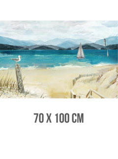 Allernieuwste.nl® Canvas Schilderij Rustig Landschap met Zeilboot aan Zee - Realistisch - Poster - 70 x 100 cm - Kleur