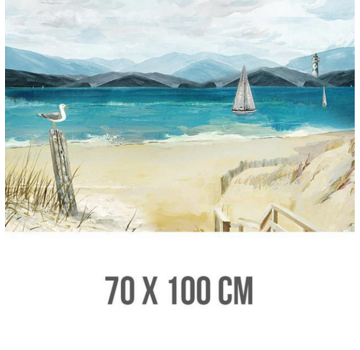 Allernieuwste.nl® Canvas Schilderij Rustig Landschap met Zeilboot aan Zee - Realistisch - Poster - 70 x 100 cm - Kleur