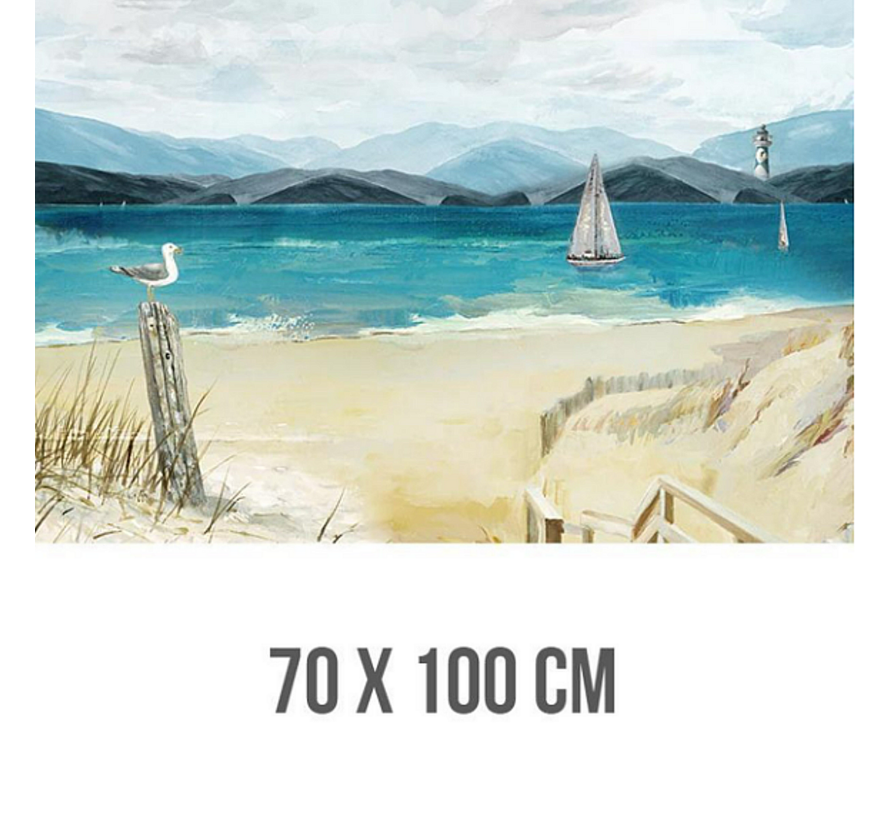 Allernieuwste.nl® Canvas Schilderij Rustig Landschap met Zeilboot aan Zee - Realistisch - Poster - 70 x 100 cm - Kleur