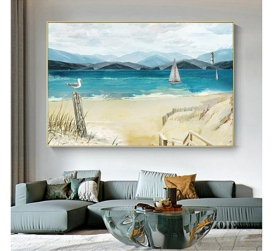 Allernieuwste.nl® Canvas Schilderij Rustig Landschap met Zeilboot aan Zee - Realistisch - Poster - 70 x 100 cm - Kleur