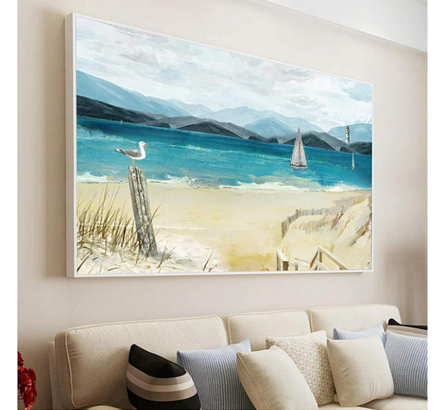 Allernieuwste.nl® Canvas Schilderij Rustig Landschap met Zeilboot aan Zee - Realistisch - Poster - 70 x 100 cm - Kleur