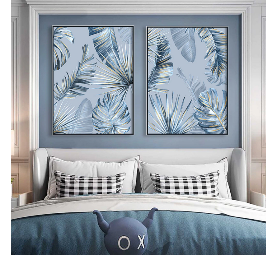 Allernieuwste.nl® Canvas Schilderijen 2 STUKS Monstera Palm Bladeren - Abstract - Kleur Blauw - 2 stuks elk 50 x 70 cm