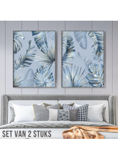 Allernieuwste.nl® Canvas Schilderijen 2 STUKS Monstera Palm Bladeren - Abstract - Kleur Blauw - 2 stuks elk 50 x 70 cm