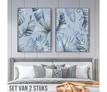 Allernieuwste.nl® Canvas Schilderijen 2 STUKS Monstera Palm Bladeren - Abstract - Kleur Blauw - 2 stuks elk 50 x 70 cm